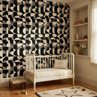 Siyah Beyaz Geometrik Duvar Kağıdı Modern Salon Desenli