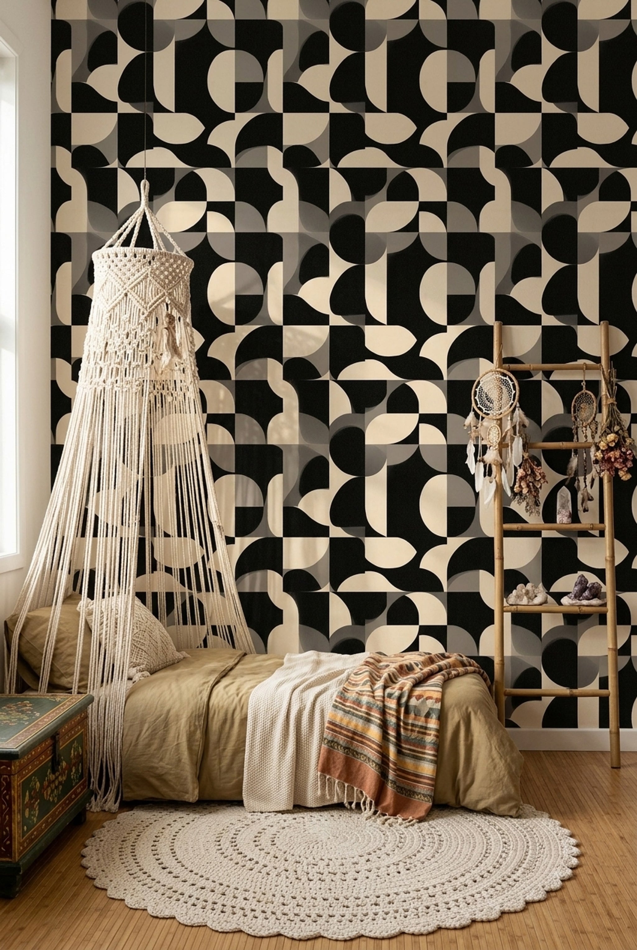 Siyah Beyaz Geometrik Duvar Kağıdı Modern Salon Desenli