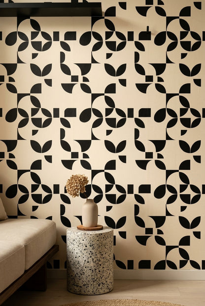 Siyah Beyaz Geometrik Duvar Kağıdı Modern Desenli Salon