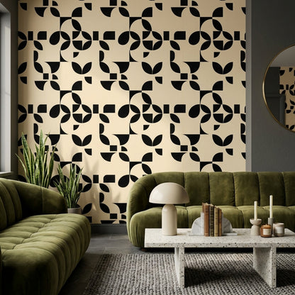 Siyah Beyaz Geometrik Duvar Kağıdı Modern Desenli Salon