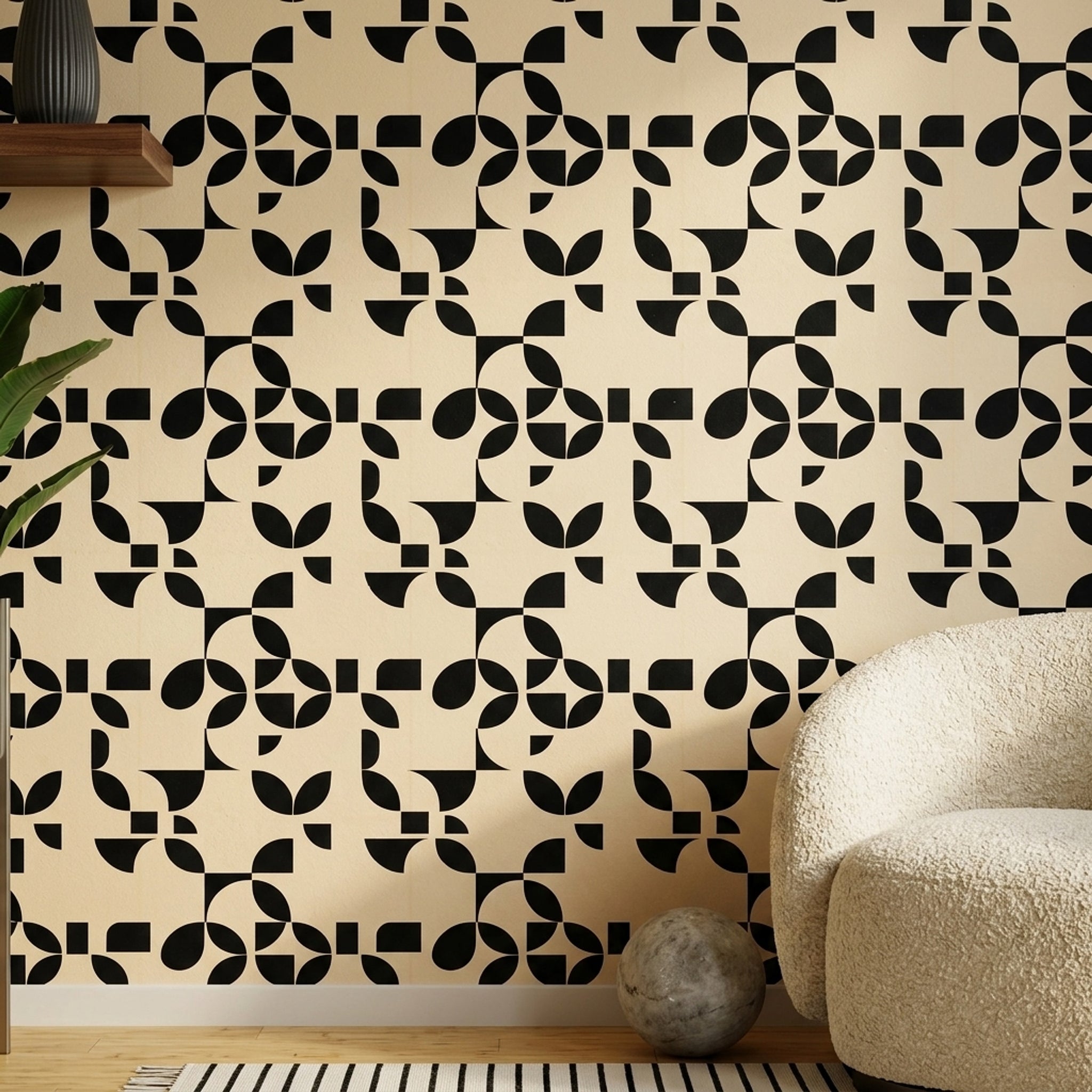 Siyah Beyaz Geometrik Duvar Kağıdı Modern Desenli Salon