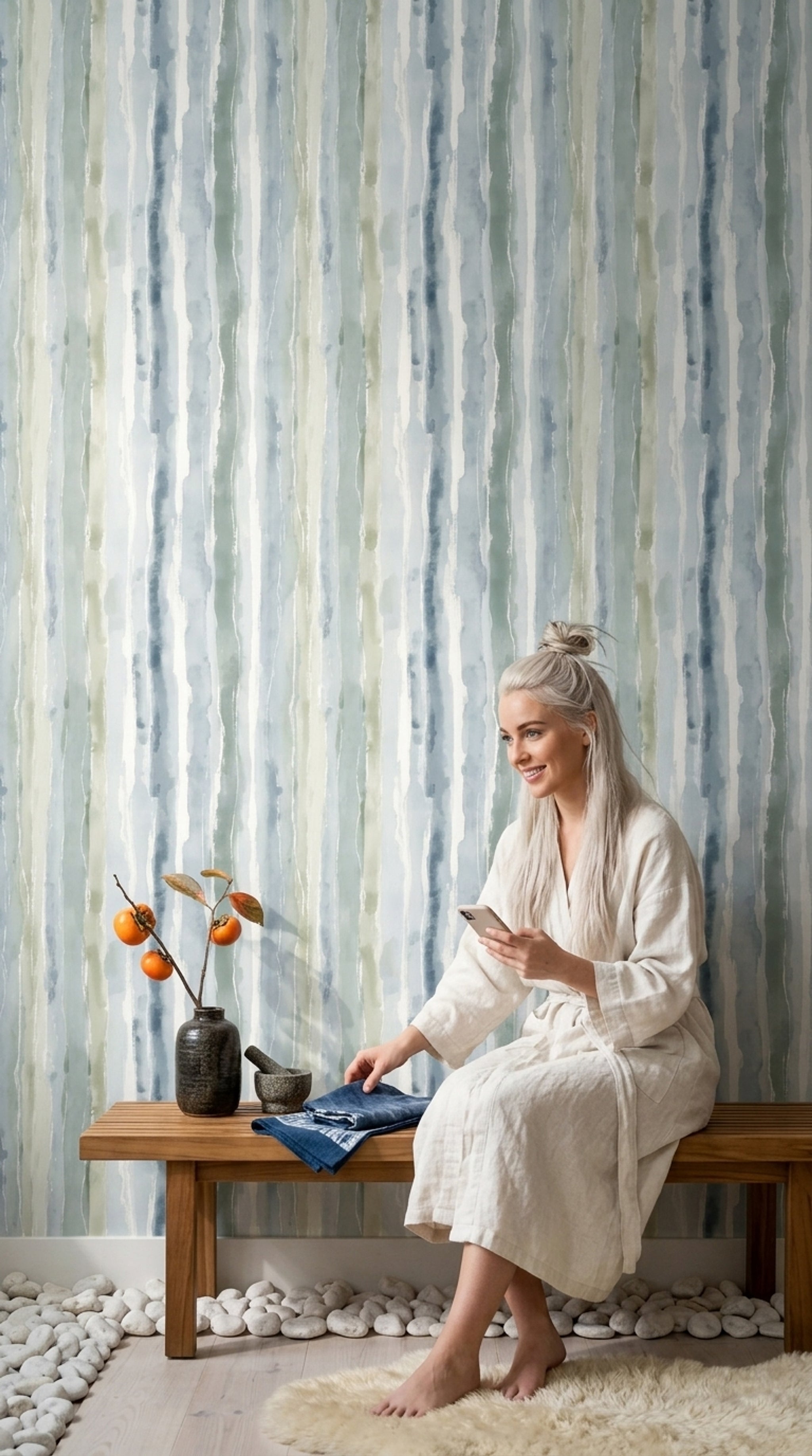 Suluboya Dikey Çizgili Duvar Kağıdı Mavi Yeşil Salon