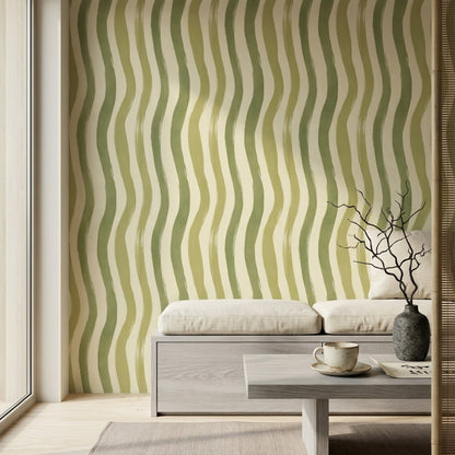 Yeşil Dalgalı Çizgili Duvar Kağıdı Modern Salon Deseni