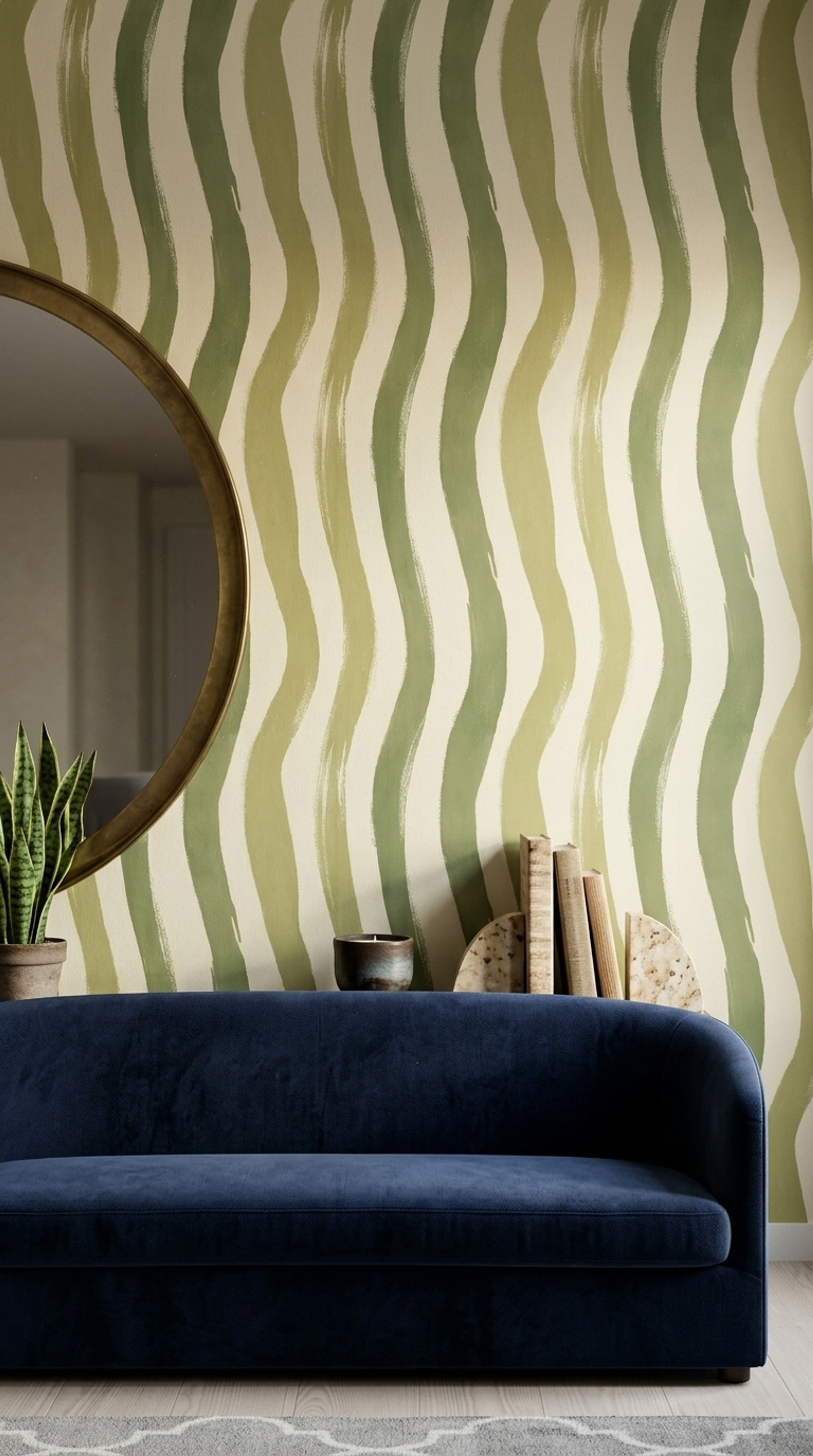 Yeşil Dalgalı Çizgili Duvar Kağıdı Modern Salon Deseni