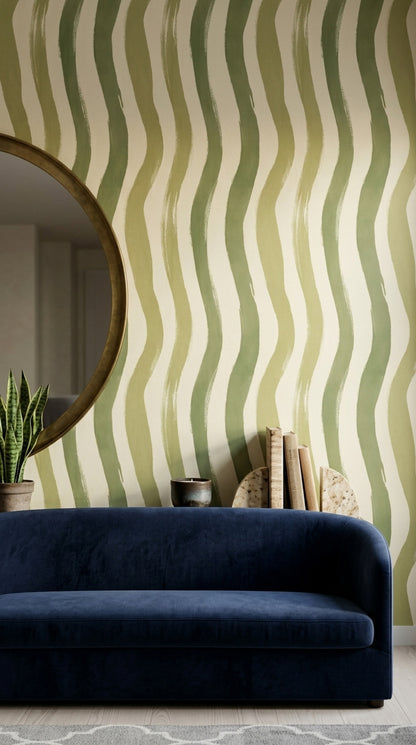 Yeşil Dalgalı Çizgili Duvar Kağıdı Modern Salon Deseni