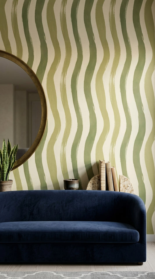 Yeşil Dalgalı Çizgili Duvar Kağıdı Modern Salon Deseni