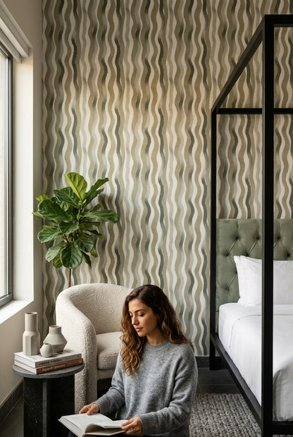 Dalgalı Çizgili Duvar Kağıdı Yeşil Krem Modern Salon