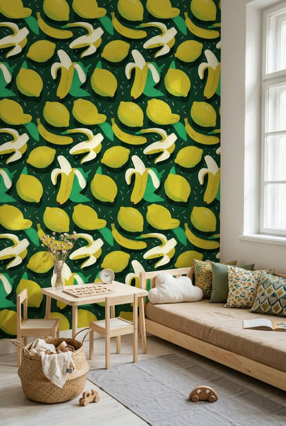 Muz ve Limon Desenli Duvar Kağıdı Yeşil Çocuk Odası