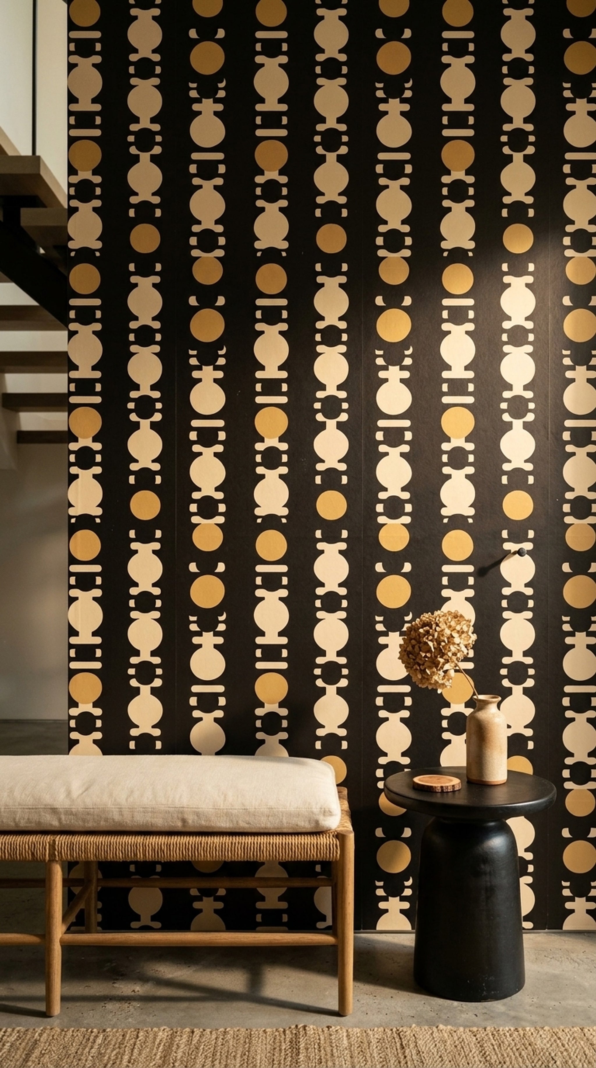 Geometrik Sıralı Motifli Duvar Kağıdı Siyah Bej Modern