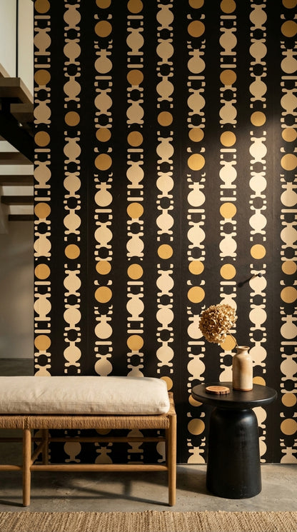 Geometrik Sıralı Motifli Duvar Kağıdı Siyah Bej Modern