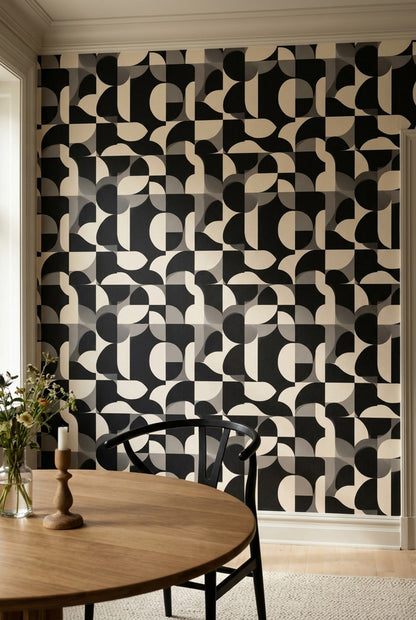 Siyah Beyaz Geometrik Duvar Kağıdı Modern Salon Desenli