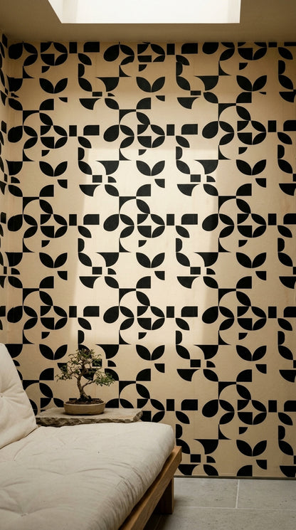 Siyah Beyaz Geometrik Duvar Kağıdı Modern Desenli Salon