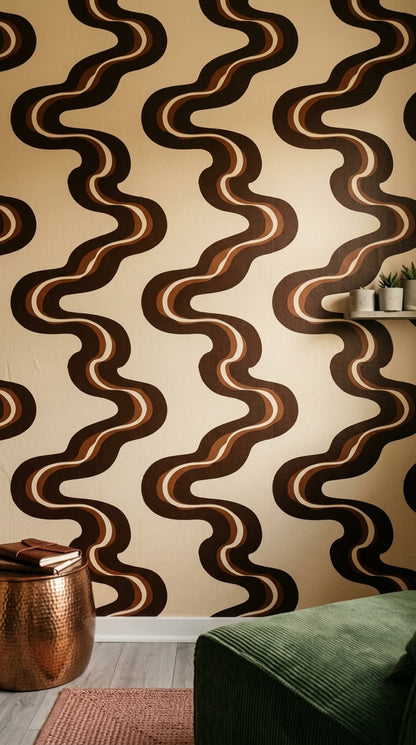 Retro Dalgalı Çizgili Duvar Kağıdı Kahverengi Bej Salon