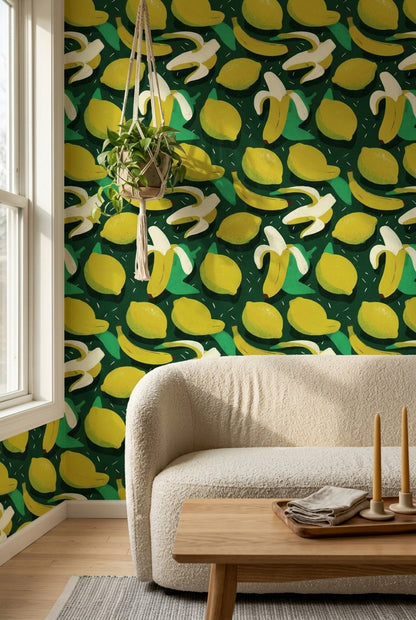 Muz ve Limon Desenli Duvar Kağıdı Yeşil Çocuk Odası