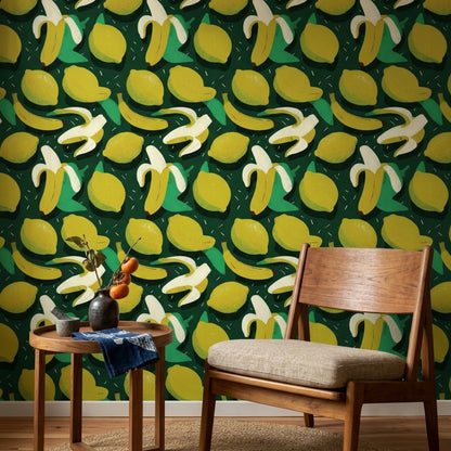 Muz ve Limon Desenli Duvar Kağıdı Yeşil Çocuk Odası