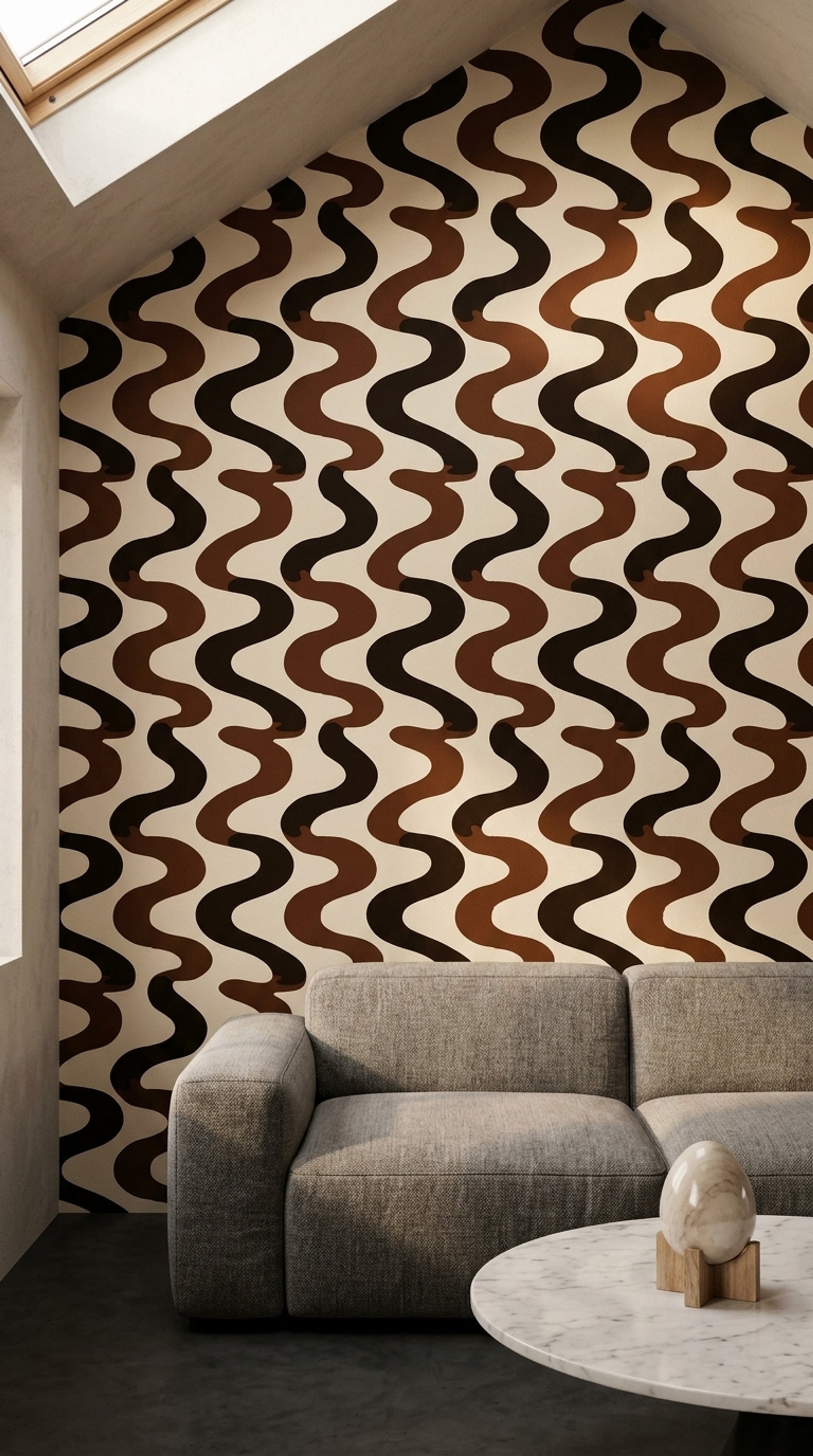 Dalgalı Geometrik Duvar Kağıdı Kahverengi Siyah Modern Desen