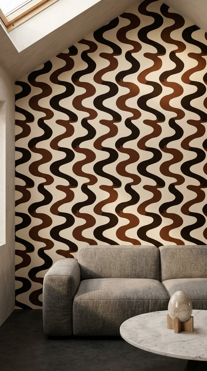 Dalgalı Geometrik Duvar Kağıdı Kahverengi Siyah Modern Desen