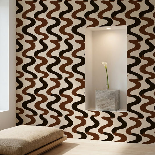 Dalgalı Geometrik Duvar Kağıdı Kahverengi Siyah Modern Desen