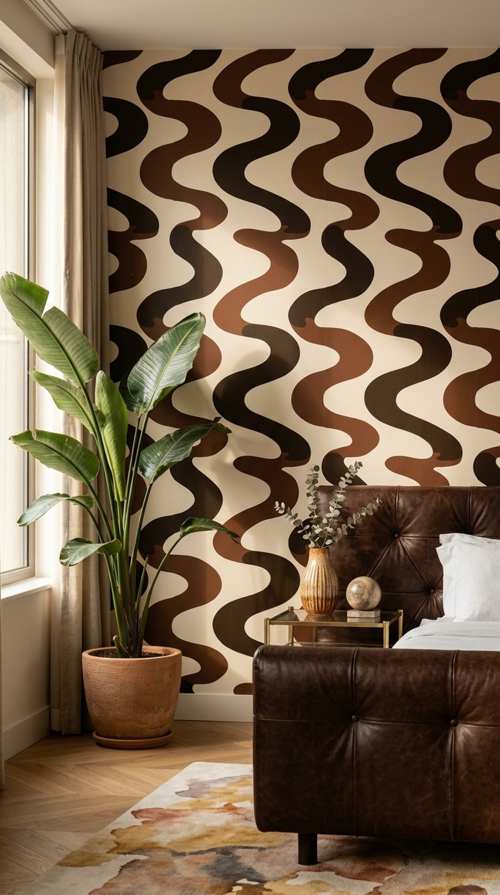 Dalgalı Geometrik Duvar Kağıdı Kahverengi Siyah Modern Desen