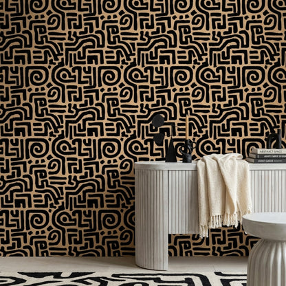 Soyut Geometrik Duvar Kağıdı Siyah Bej Labirent Desenli