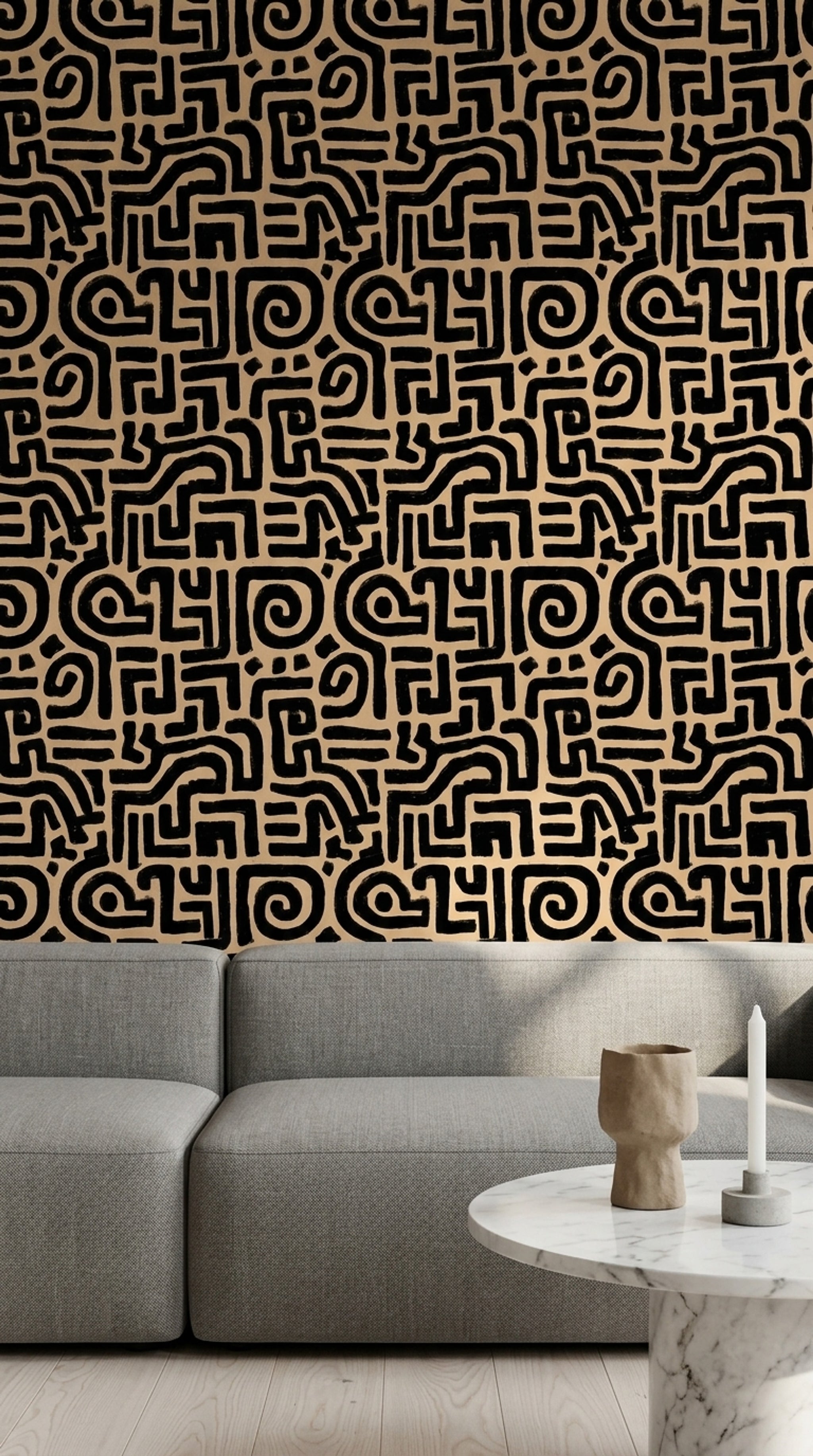Soyut Geometrik Duvar Kağıdı Siyah Bej Labirent Desenli