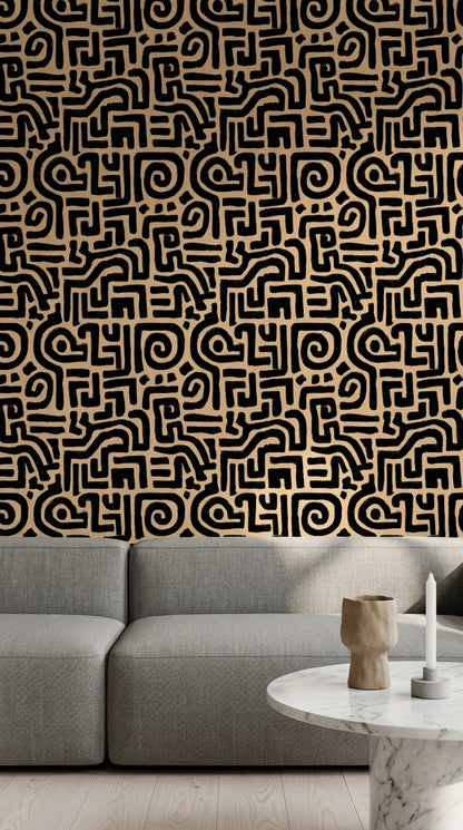 Soyut Geometrik Duvar Kağıdı Siyah Bej Labirent Desenli