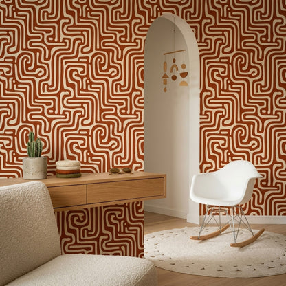 Retro Geometrik Duvar Kağıdı Kiremit Beyaz Kıvrımlı Desen