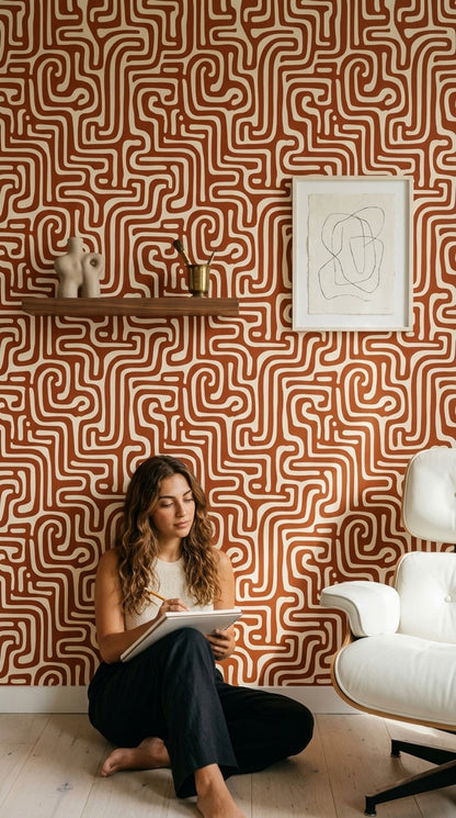 Retro Geometrik Duvar Kağıdı Kiremit Beyaz Kıvrımlı Desen