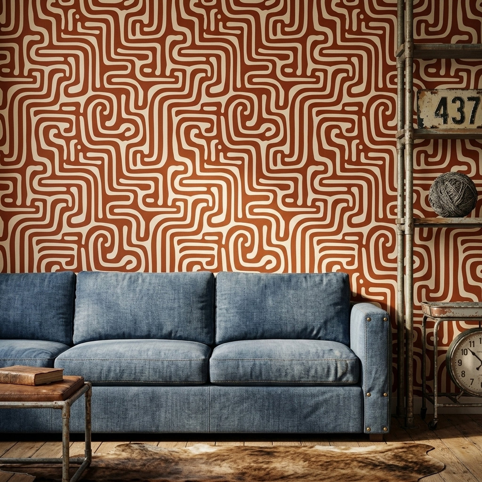 Retro Geometrik Duvar Kağıdı Kiremit Beyaz Kıvrımlı Desen
