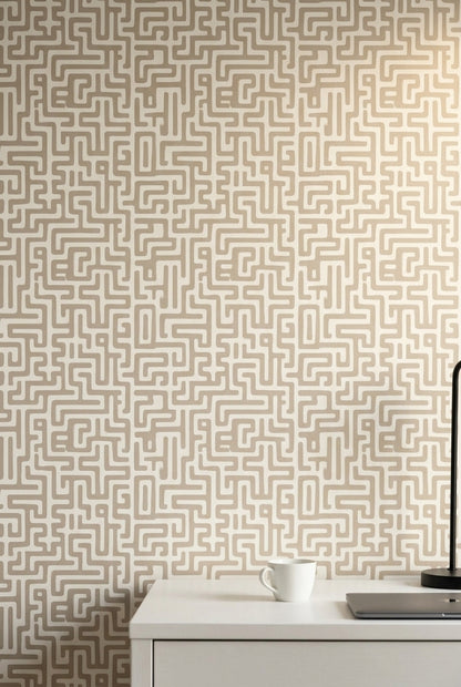 Geometrik Labirent Desenli Duvar Kağıdı Bej Gri Modern