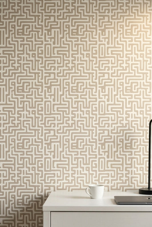 Geometrik Labirent Desenli Duvar Kağıdı Bej Gri Modern