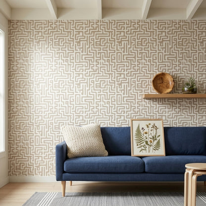 Geometrik Labirent Desenli Duvar Kağıdı Bej Gri Modern