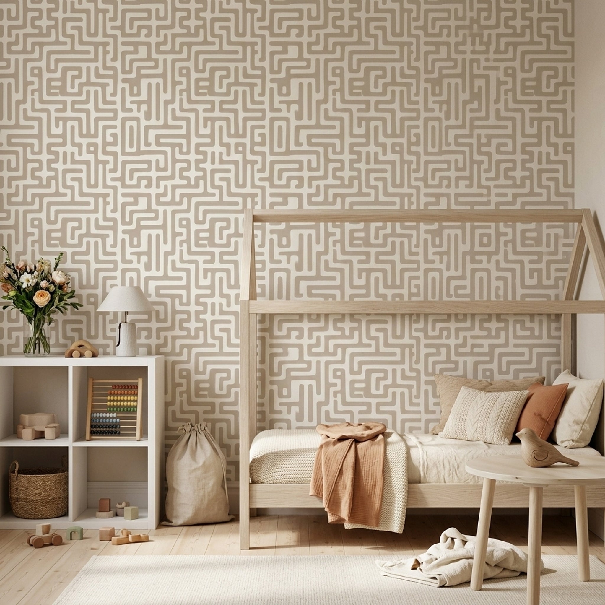 Geometrik Labirent Desenli Duvar Kağıdı Bej Gri Modern