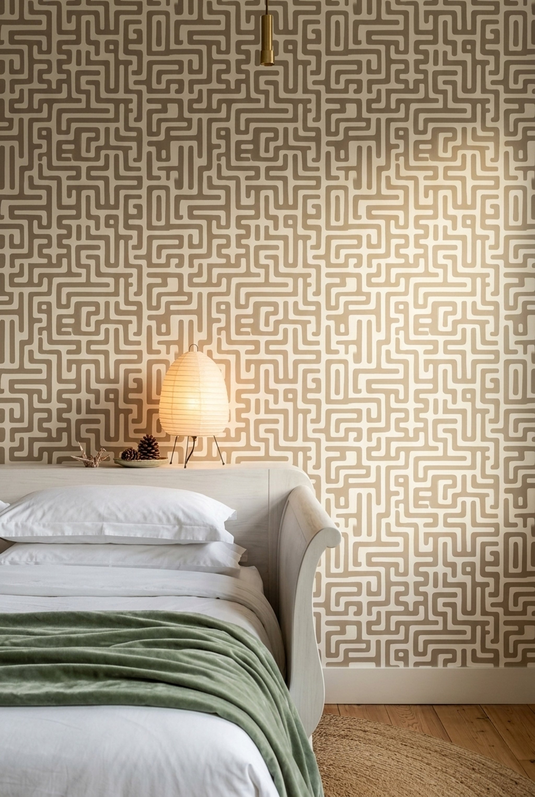 Geometrik Labirent Desenli Duvar Kağıdı Bej Gri Modern