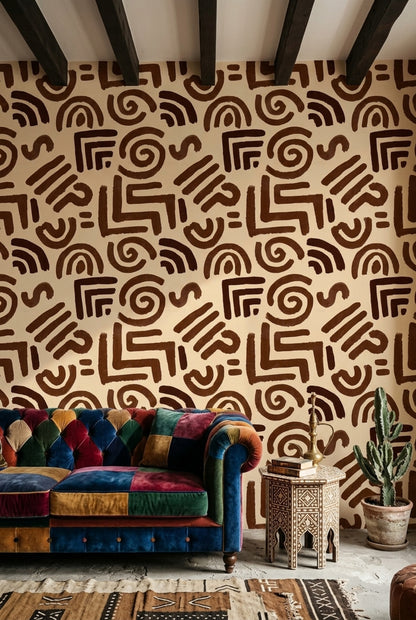 Soyut Geometrik Duvar Kağıdı Kahverengi Krem Desenli Salon