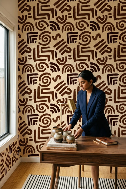 Soyut Geometrik Duvar Kağıdı Kahverengi Krem Desenli Salon