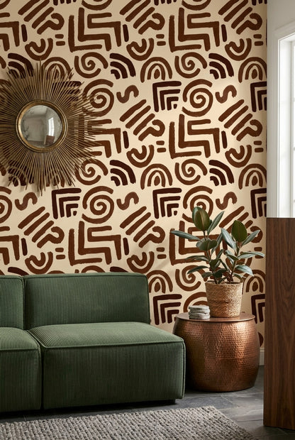 Soyut Geometrik Duvar Kağıdı Kahverengi Krem Desenli Salon