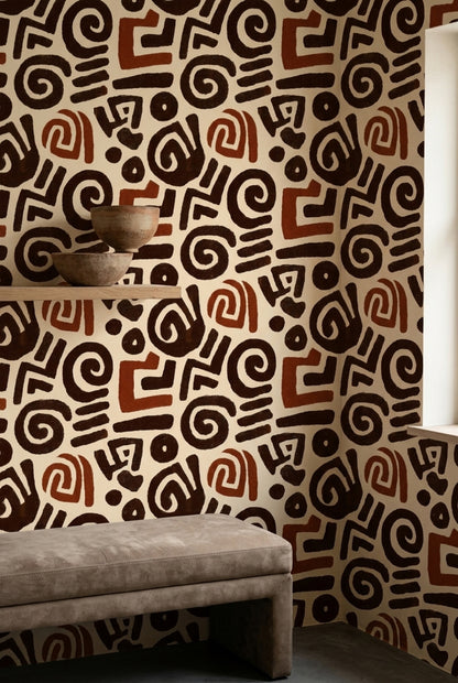 Etnik Geometrik Duvar Kağıdı Kahverengi Krem Desenli Salon
