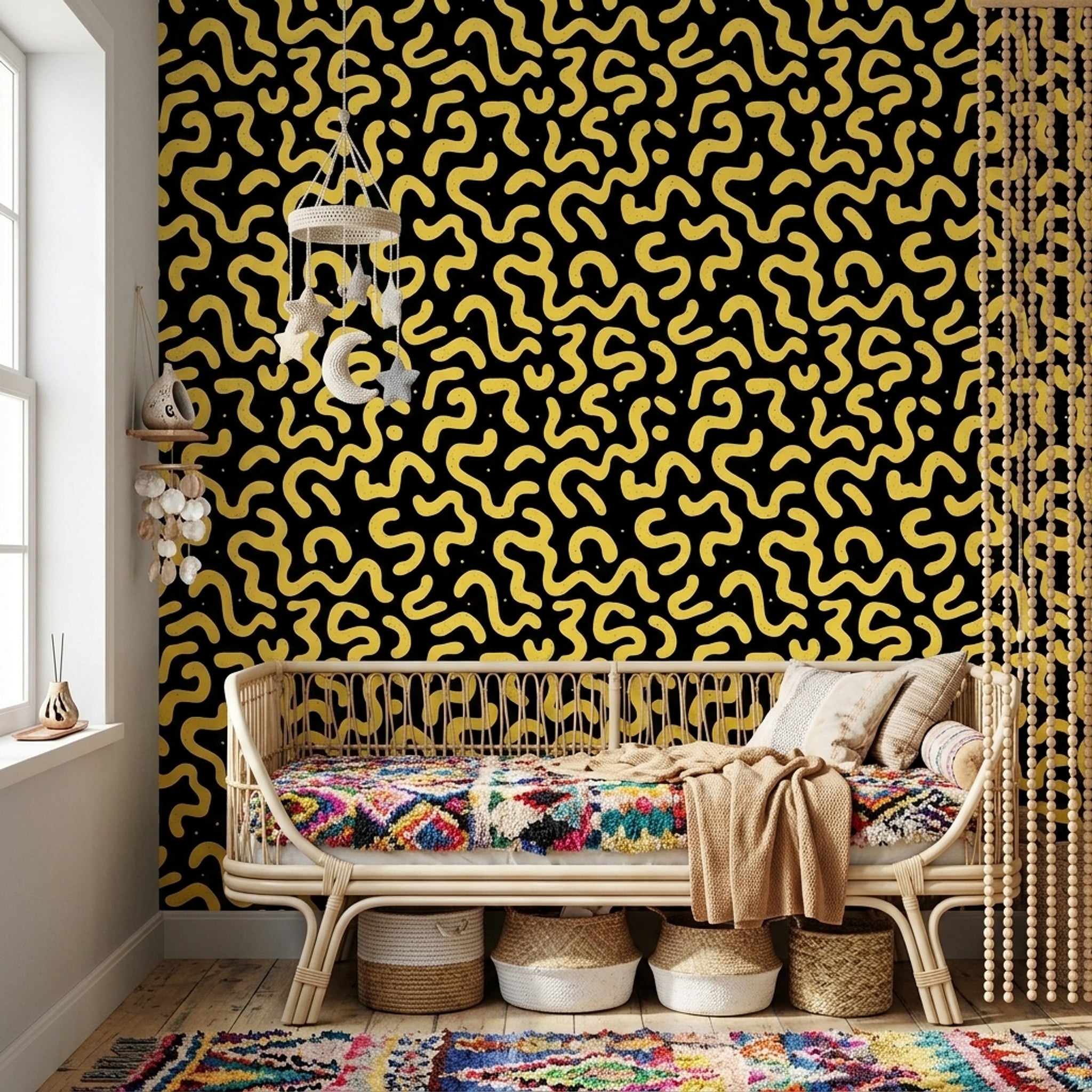 Sarı Siyah Soyut Desenli Duvar Kağıdı Modern Salon