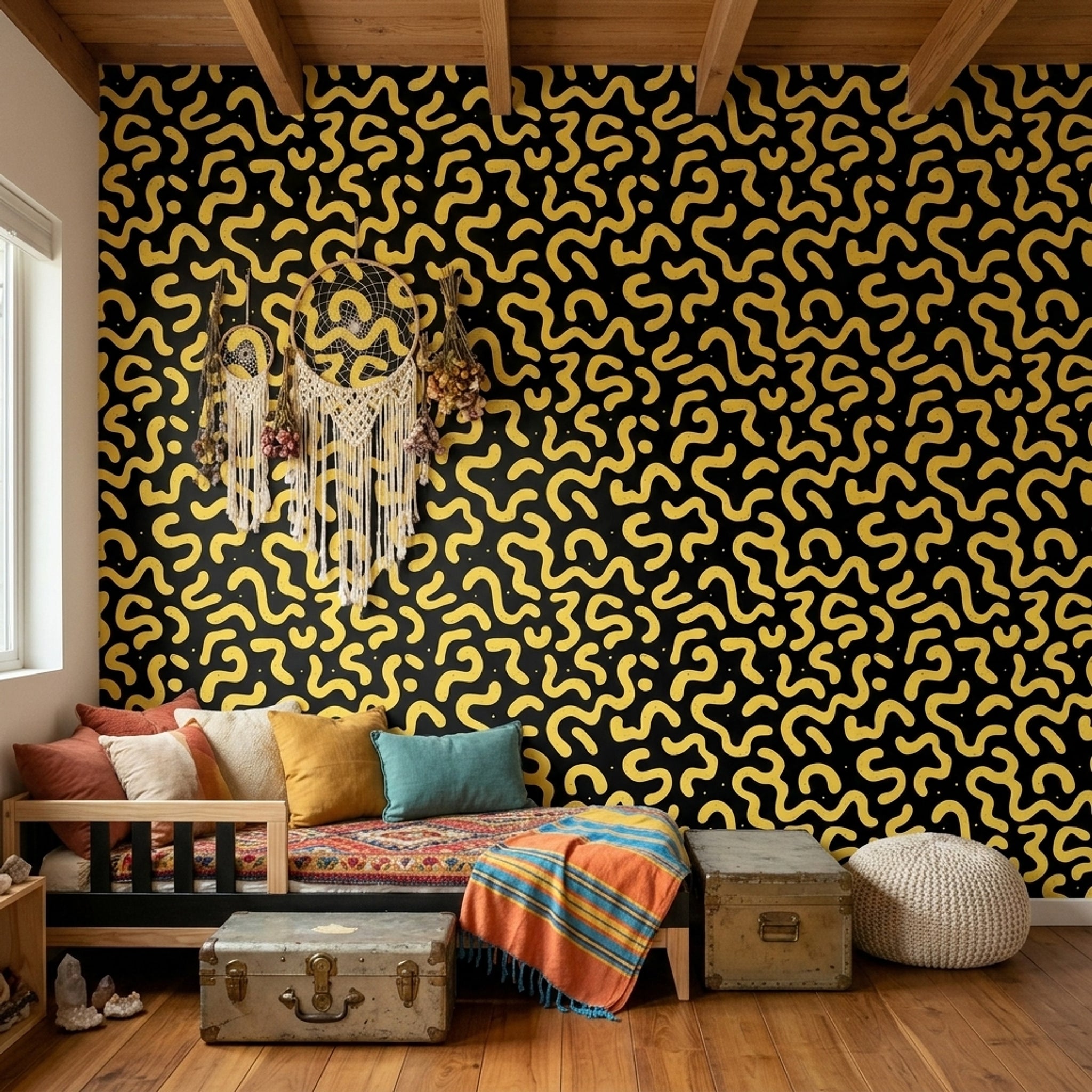 Sarı Siyah Soyut Desenli Duvar Kağıdı Modern Salon