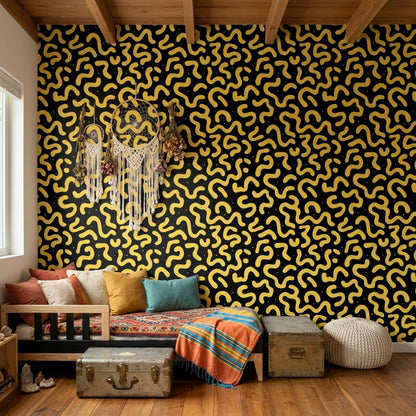 Sarı Siyah Soyut Desenli Duvar Kağıdı Modern Salon