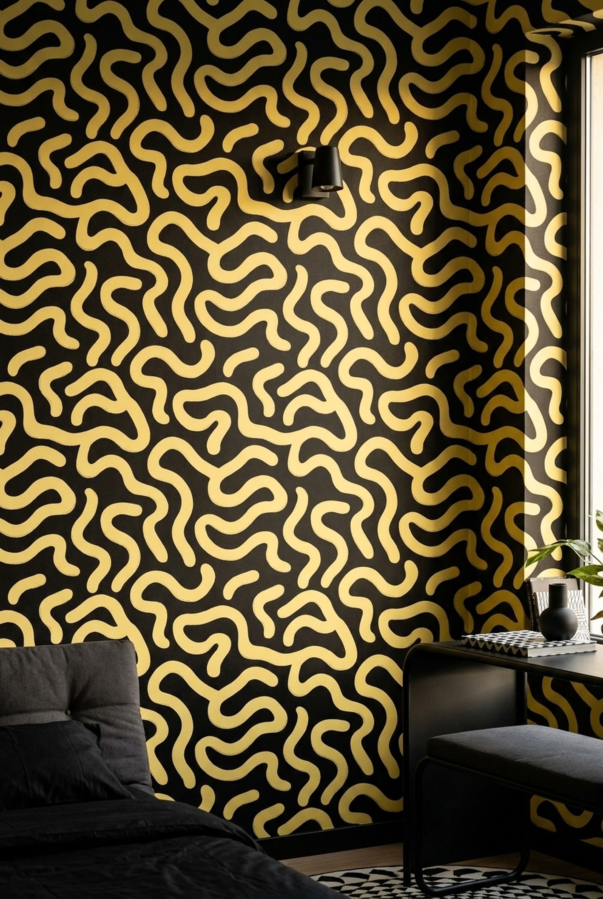 Sarı Siyah Kıvrımlı Soyut Duvar Kağıdı Modern Salon