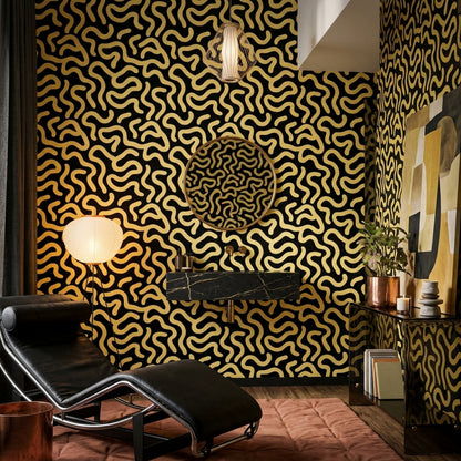 Sarı Siyah Kıvrımlı Soyut Duvar Kağıdı Modern Salon