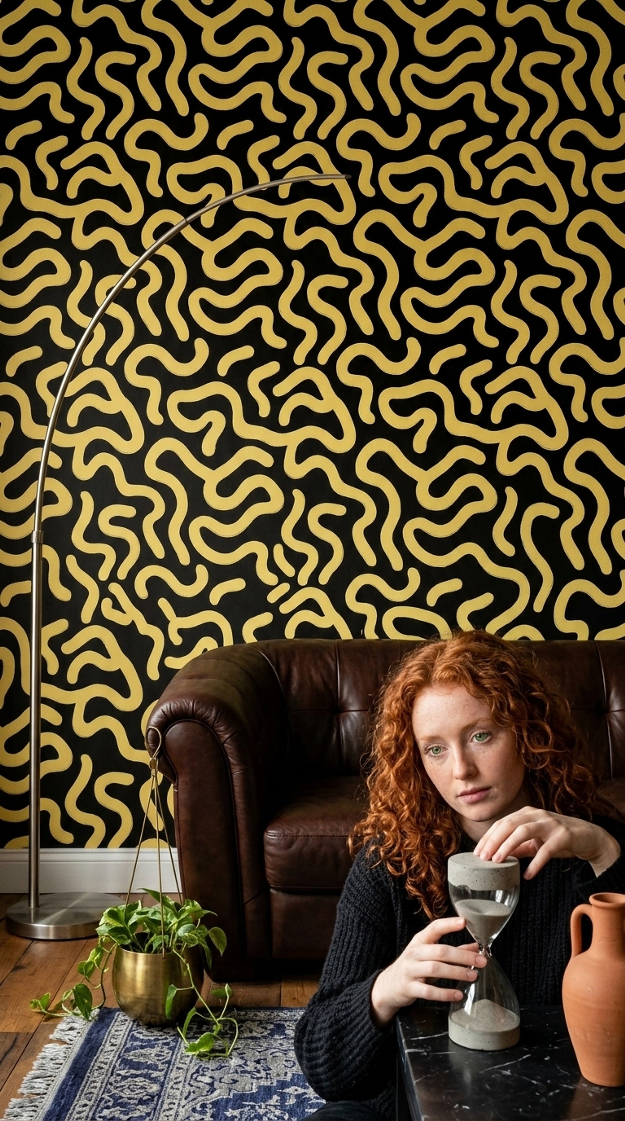 Sarı Siyah Kıvrımlı Soyut Duvar Kağıdı Modern Salon