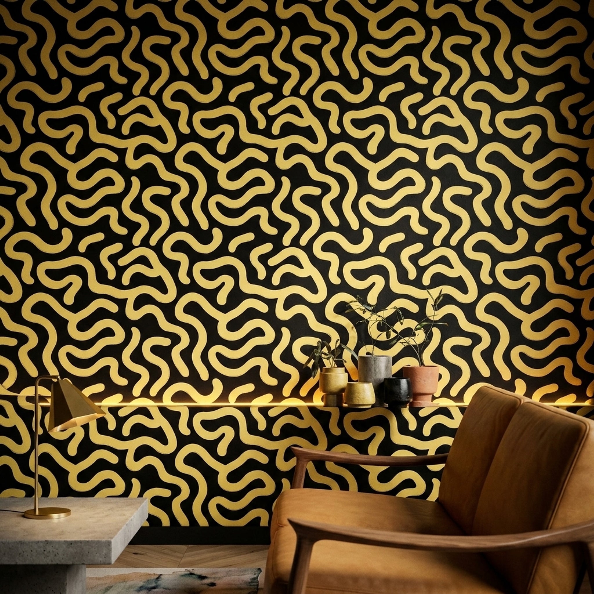 Sarı Siyah Kıvrımlı Soyut Duvar Kağıdı Modern Salon