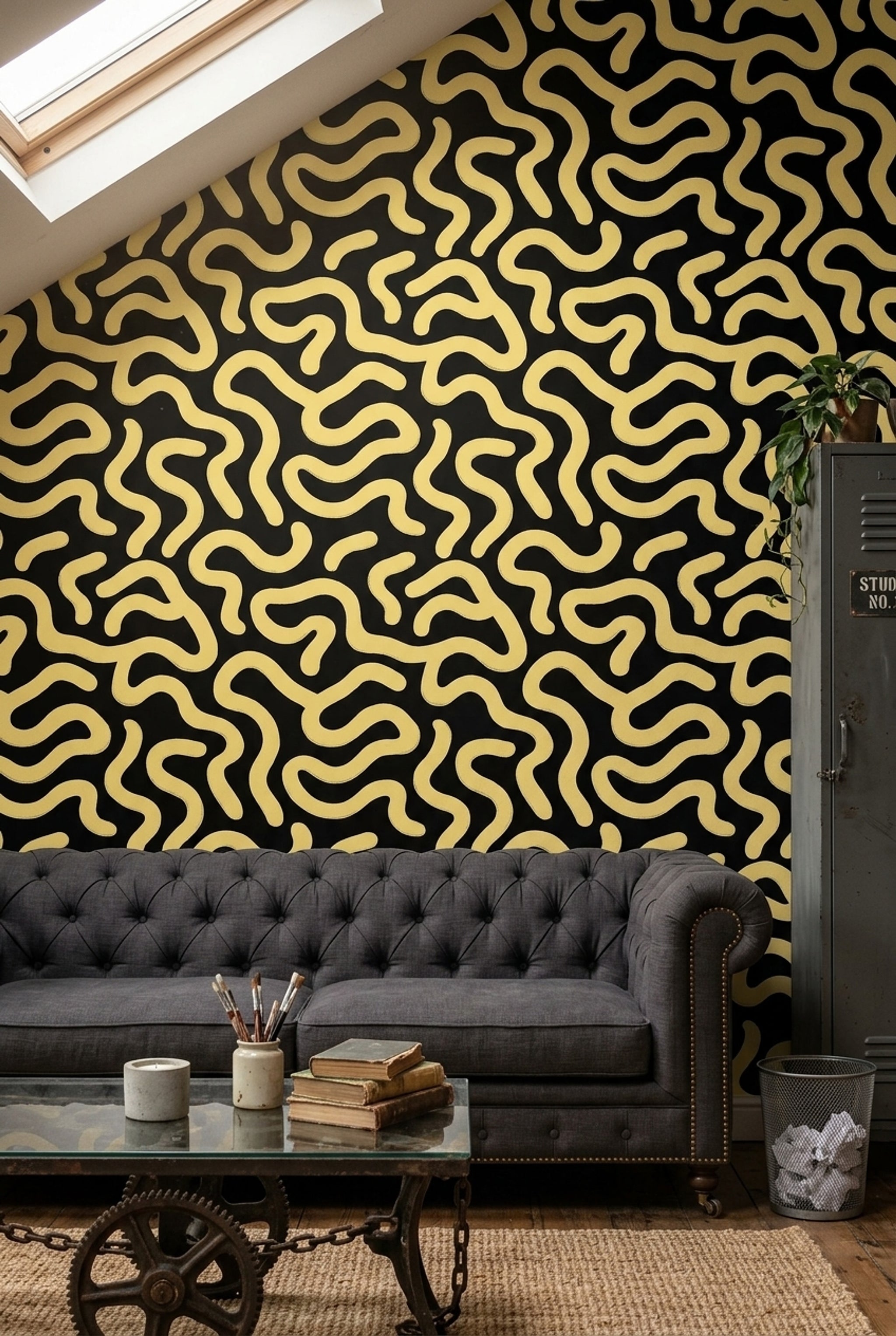 Sarı Siyah Kıvrımlı Soyut Duvar Kağıdı Modern Salon