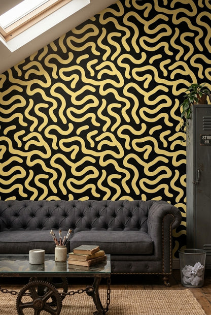 Sarı Siyah Kıvrımlı Soyut Duvar Kağıdı Modern Salon