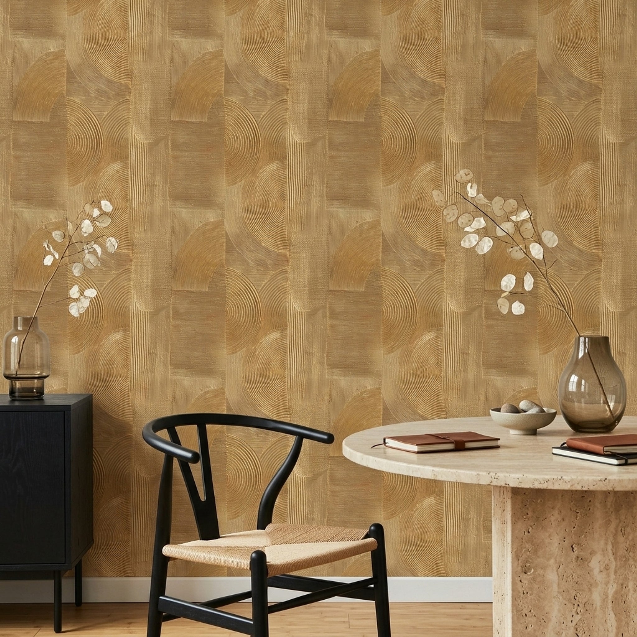 Geometrik Halkalı Duvar Kağıdı Bej Kahverengi Modern Salon
