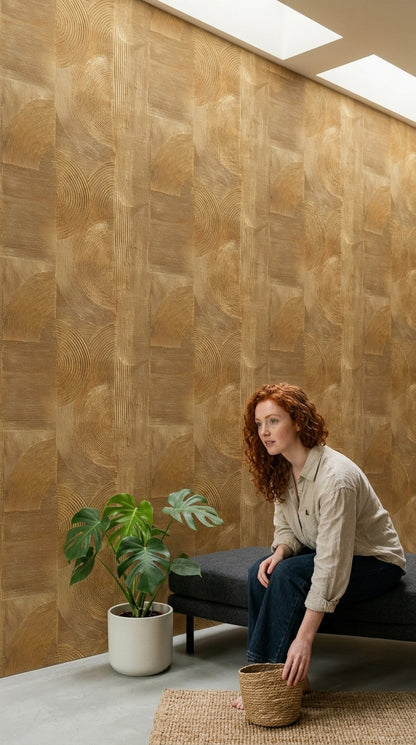 Geometrik Halkalı Duvar Kağıdı Bej Kahverengi Modern Salon