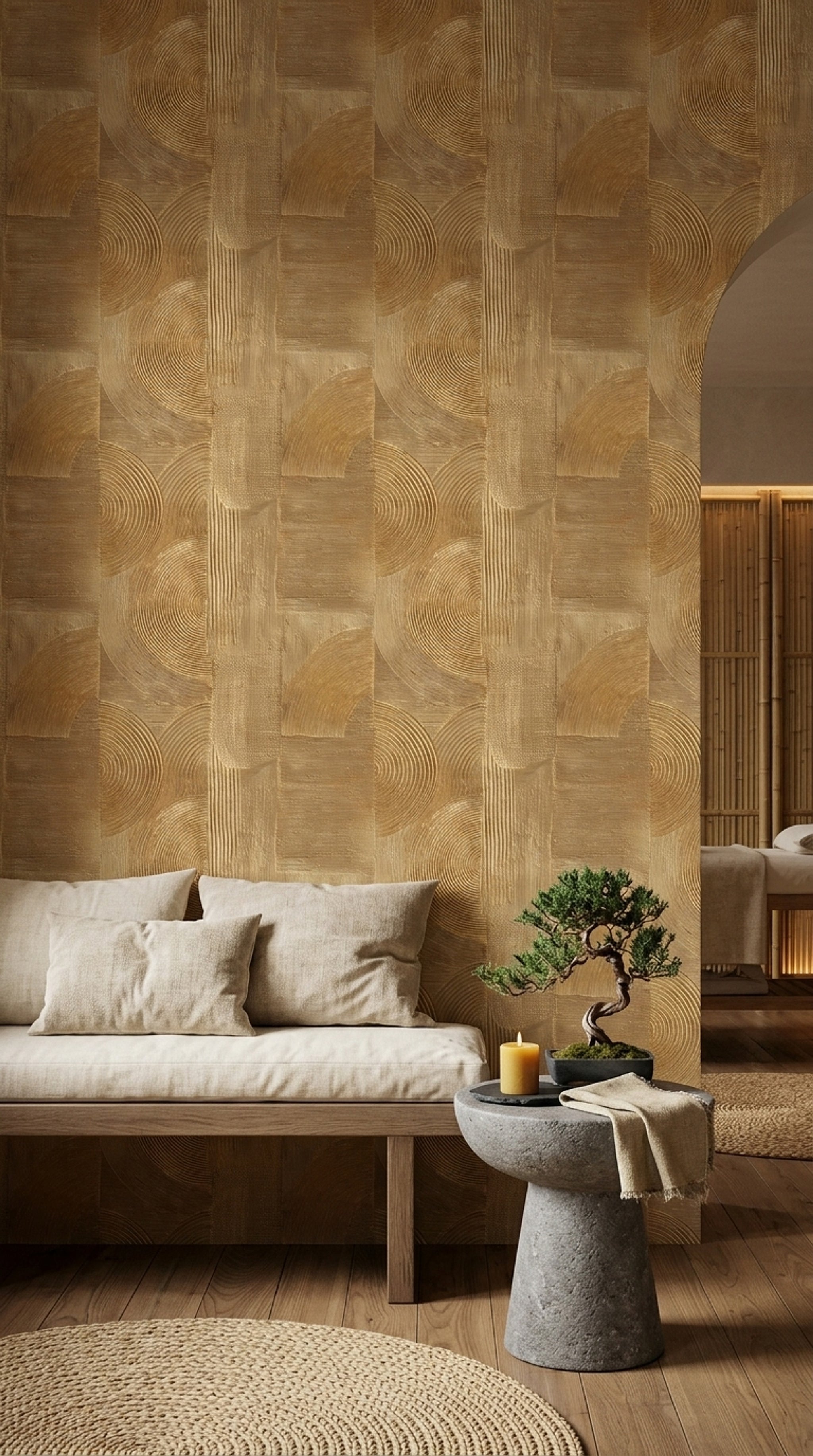 Geometrik Halkalı Duvar Kağıdı Bej Kahverengi Modern Salon